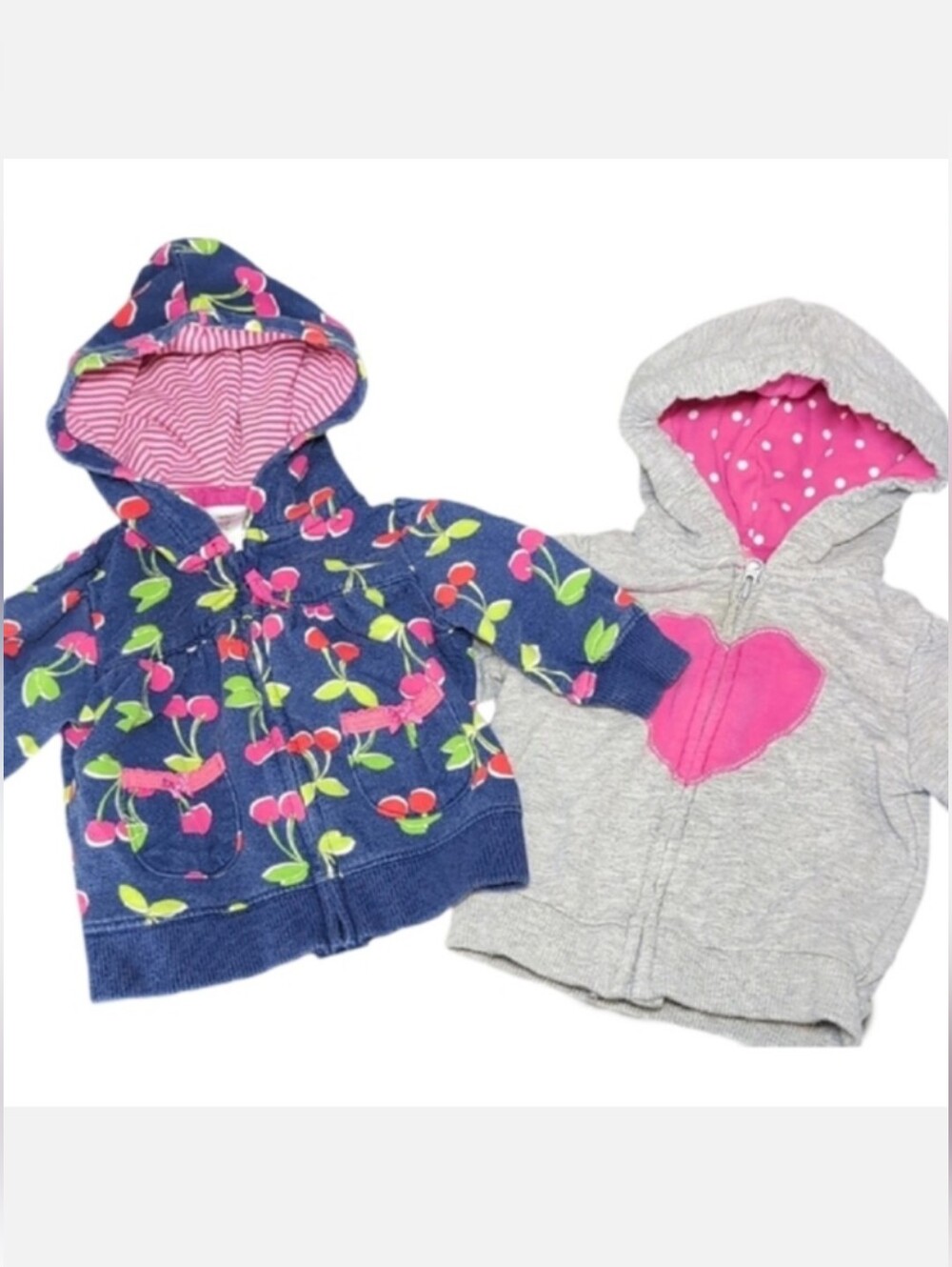 Carters Baby Girls 3 Months Zip Up Hoodie Lot of 2 Cherry Heart Blue Grey